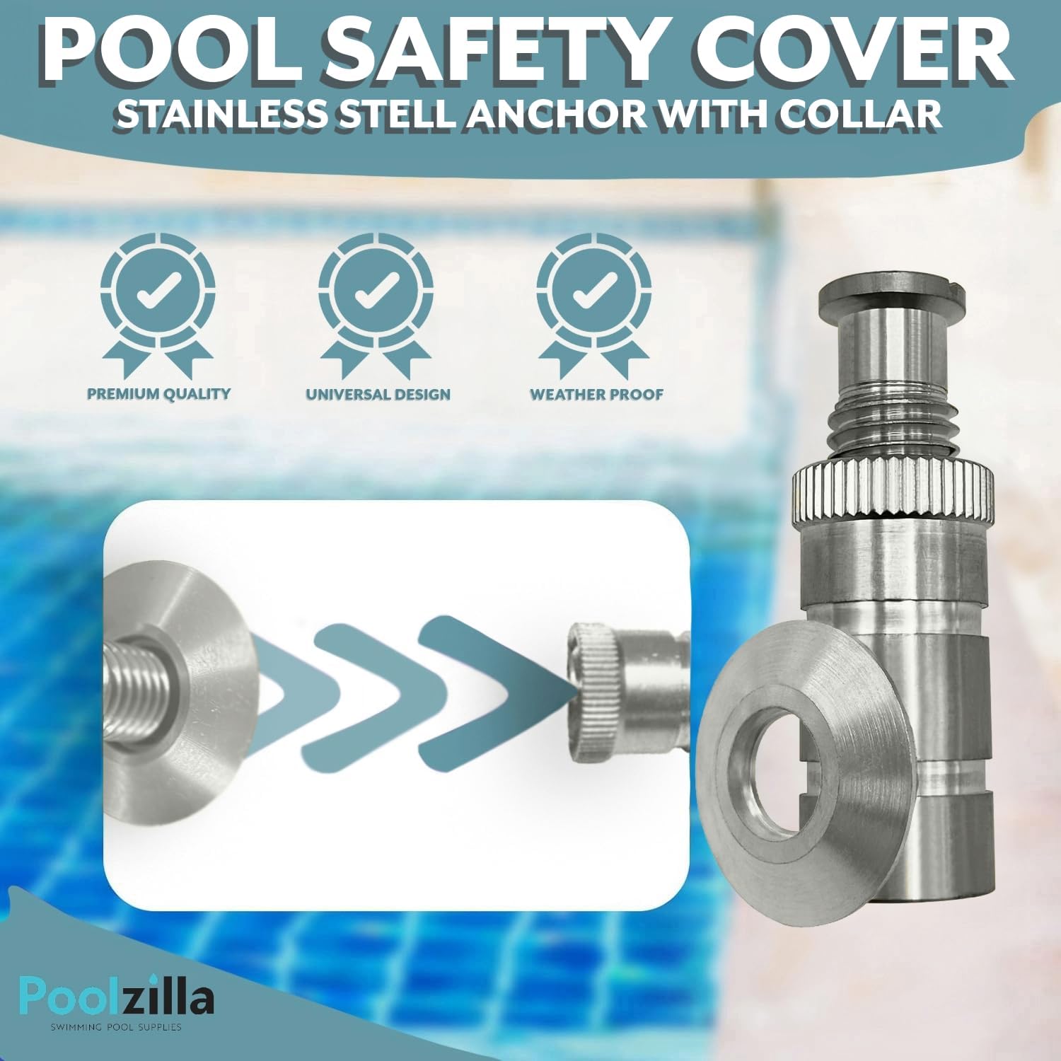 Poolzilla Stainless Steel 304 Pool Cover Anchor with Collar for Concrete and Pavers