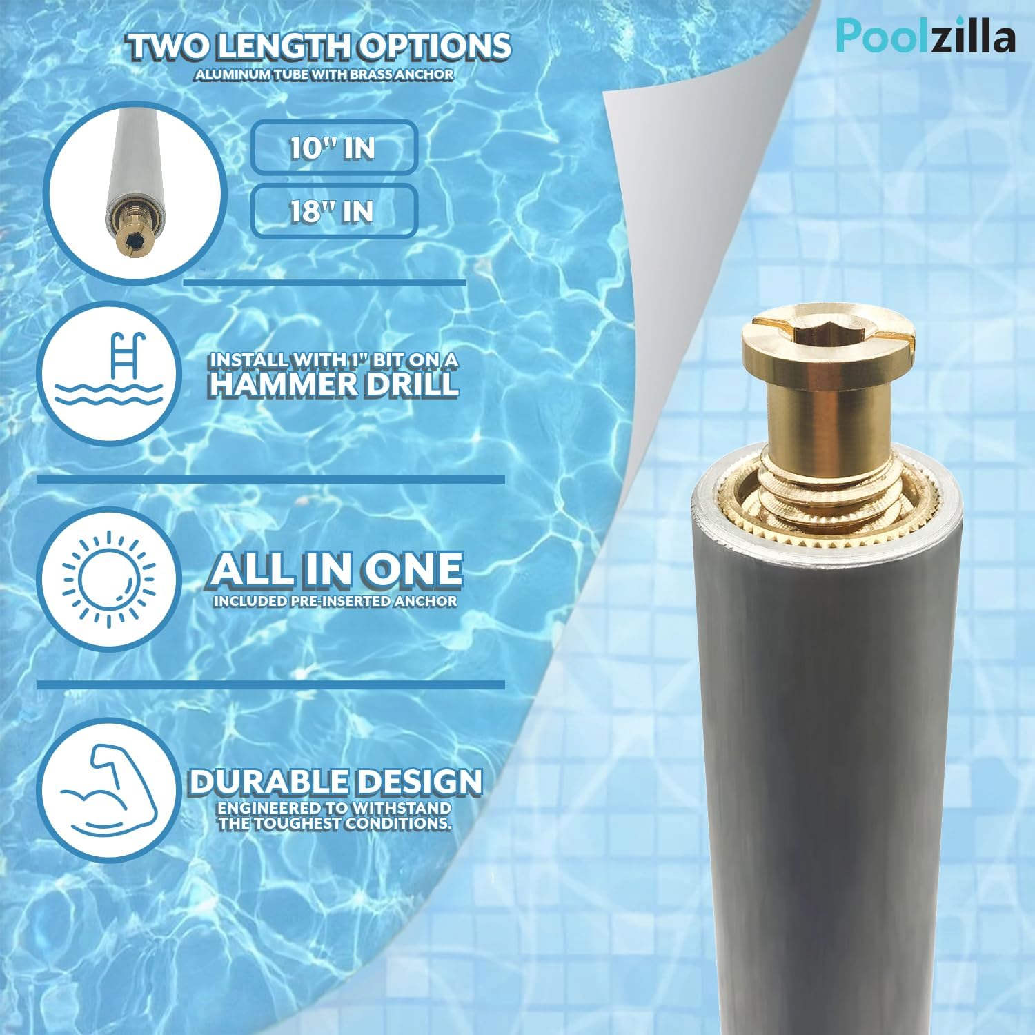 Poolzilla 10” Aluminum Tube with Brass Anchor for Pool Safety Cover Installation