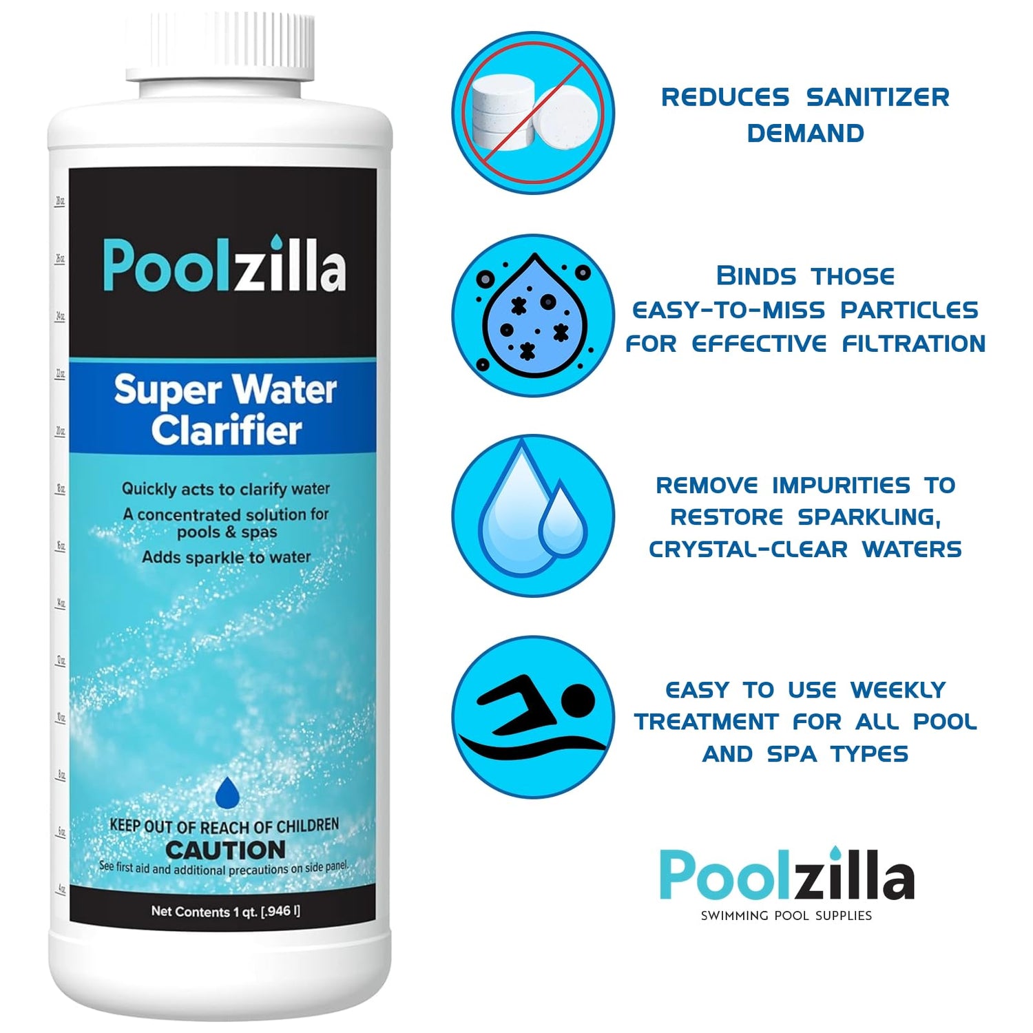 Poolzilla Super Water Clarifier (1 QT) Concentrated Solution for Pools and Spas