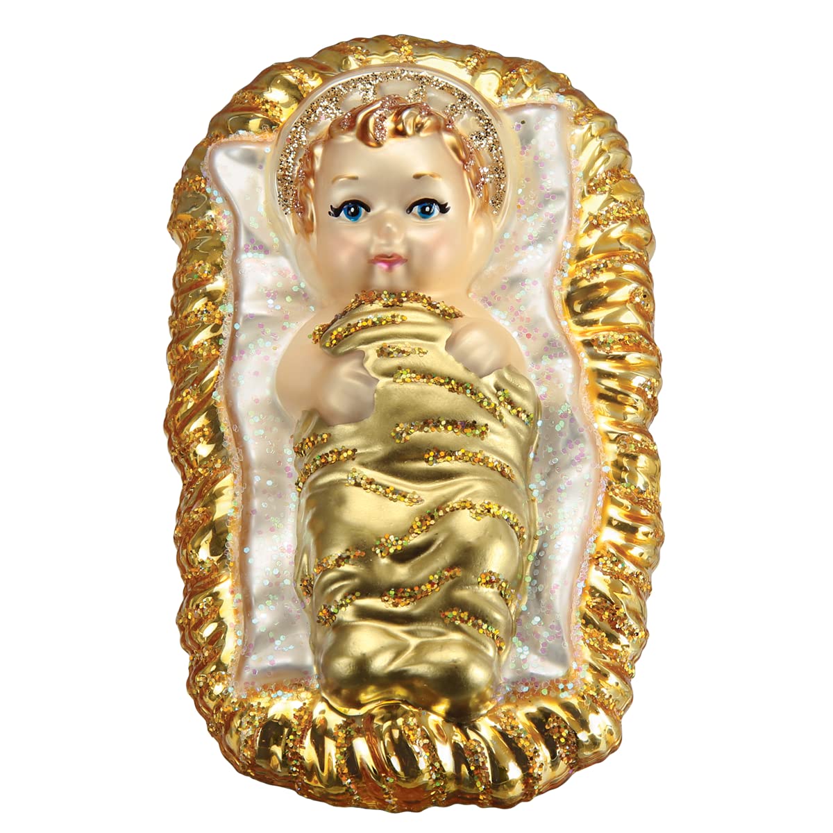 Old World Christmas Baby Jesus in Manger Glass Blown Ornament for Christmas Tree, Handcrafted Holiday Decoration, Religion Collection