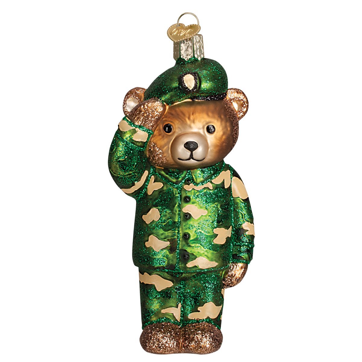Old World Christmas Army Bear Glass Blown Ornament for Christmas Tree, Handcrafted Holiday Decoration, University Collection