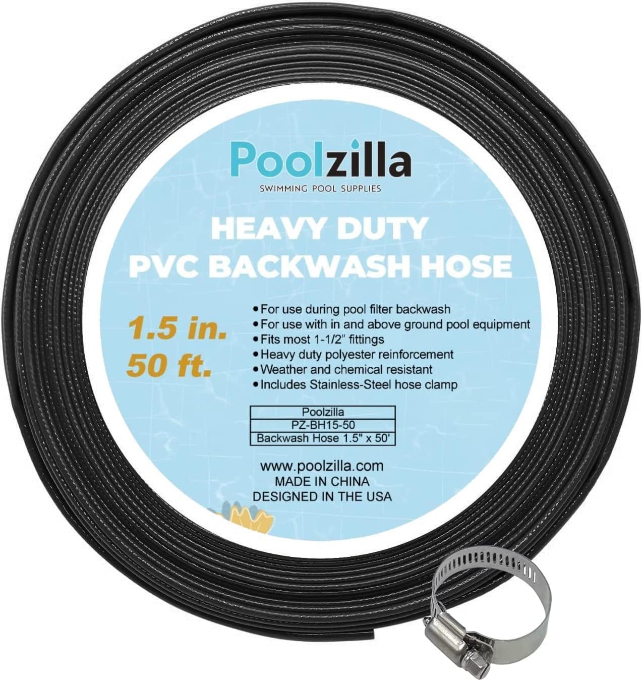 Poolzilla Heavy Duty Swimming Pool Backwash Hose | 1.5"x50' | Black | Includes Steel Clamp