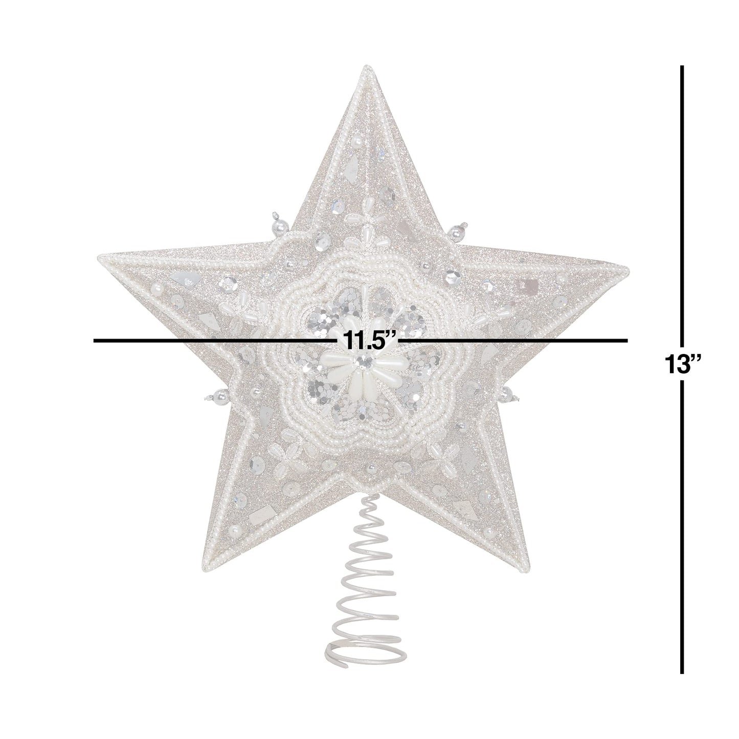 Kurt Adler 13.5-inch Star Treetop with Ivory Pearls and Platinum Glass Glitter