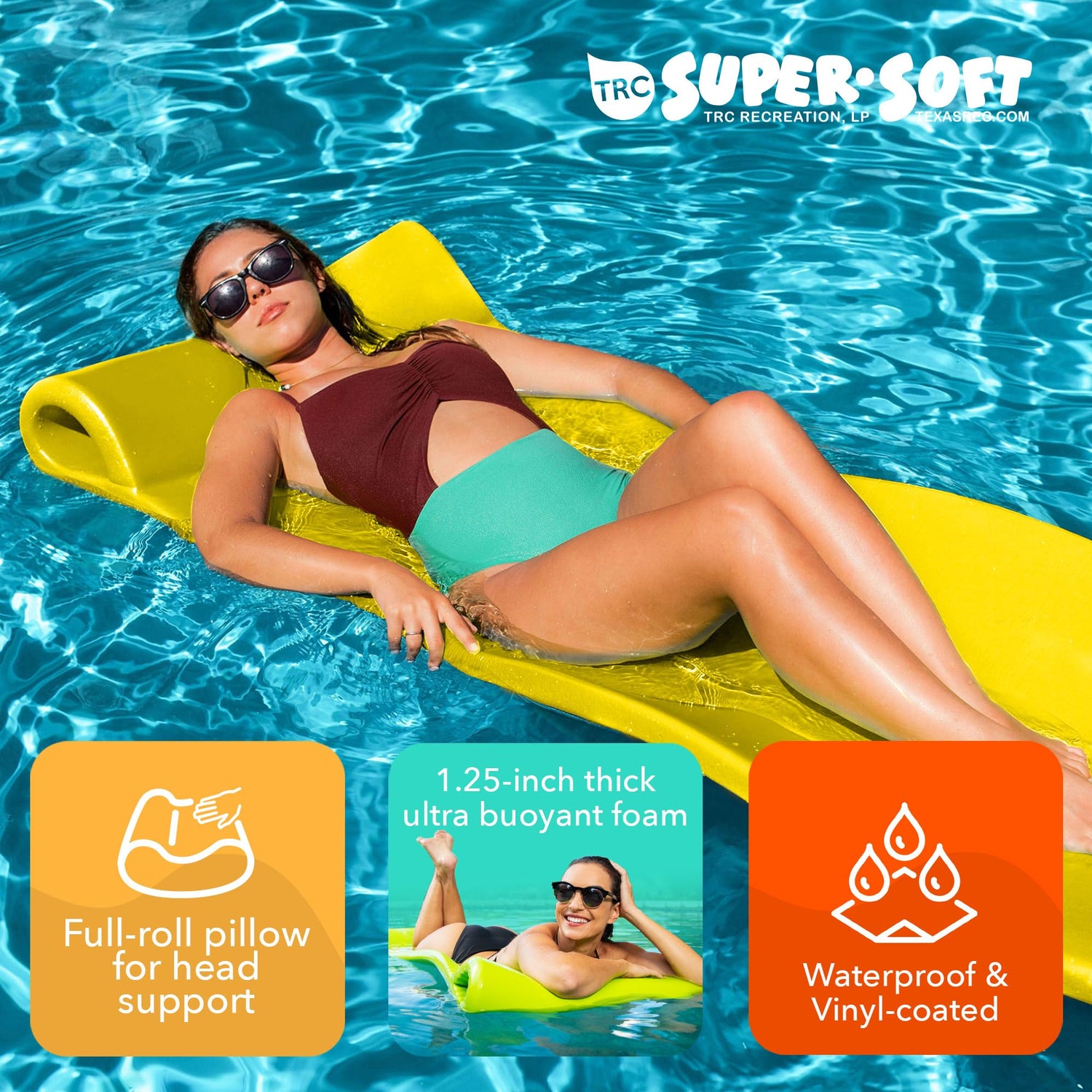 TRC Recreation Splash 1.25 Inch Thick Foam Outdoor Swimming Pool Float Mat Large Adult Lounger with Built-in Roll Pillow, Yellow