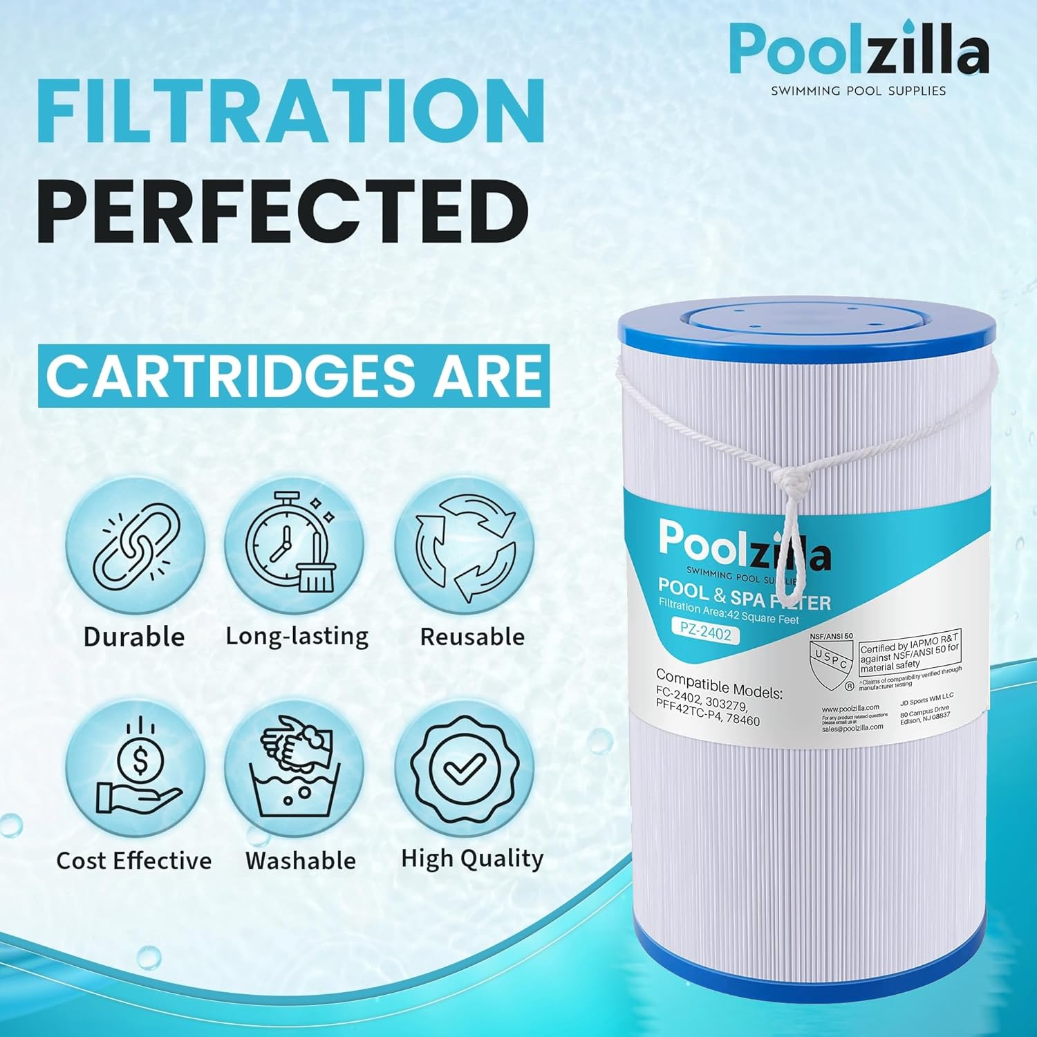 Poolzilla Replacement Spa Filter for FC-2402, Watkins 303279, PFF42TC-P4, 78460, SD-01322