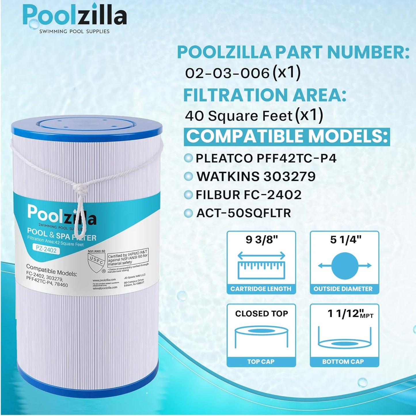 Poolzilla Replacement Spa Filter for FC-2402, Watkins 303279, PFF42TC-P4, 78460, SD-01322
