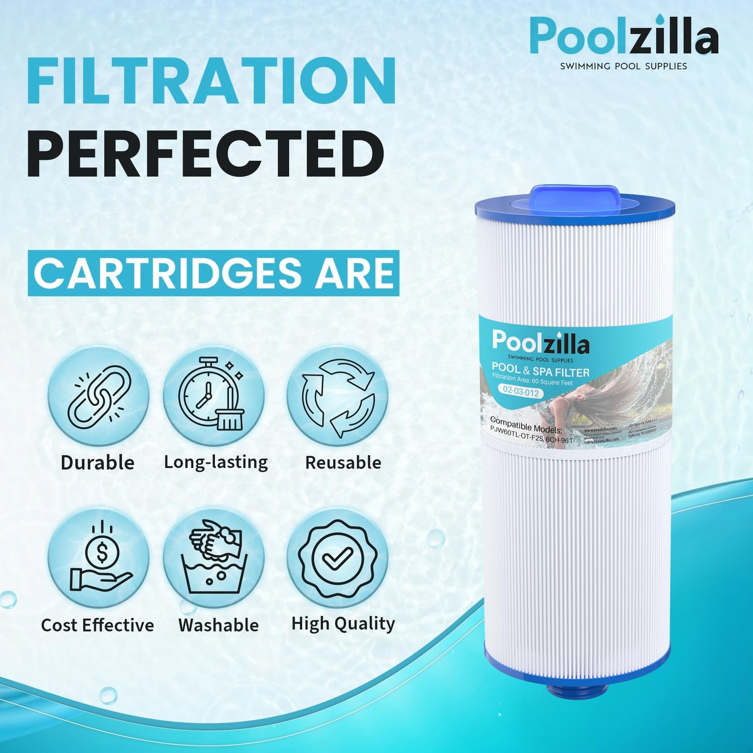 Poolzilla Replacement Spa Filter for PJW60TL-OT-F2S, Pleatco PJW60TL-OT-F2S, Unicel 6CH-961, Filbur FC-2715, J300, J400