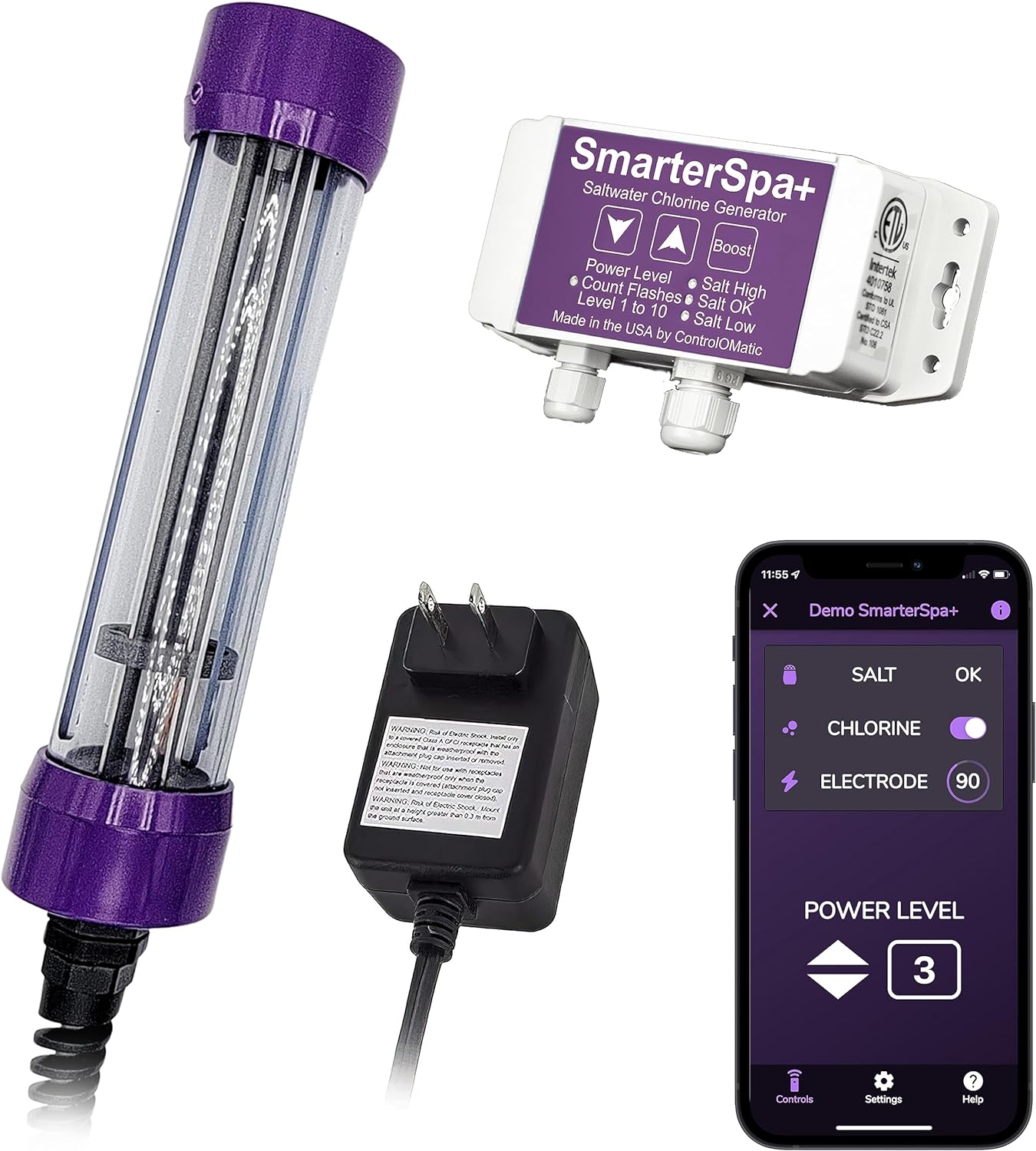 ControlOMatic SmarterSpa+ Saltwater Chlorine Generator with Automatic Chlorine Detection and Mobile App for Spas Up to 2000 Gallons