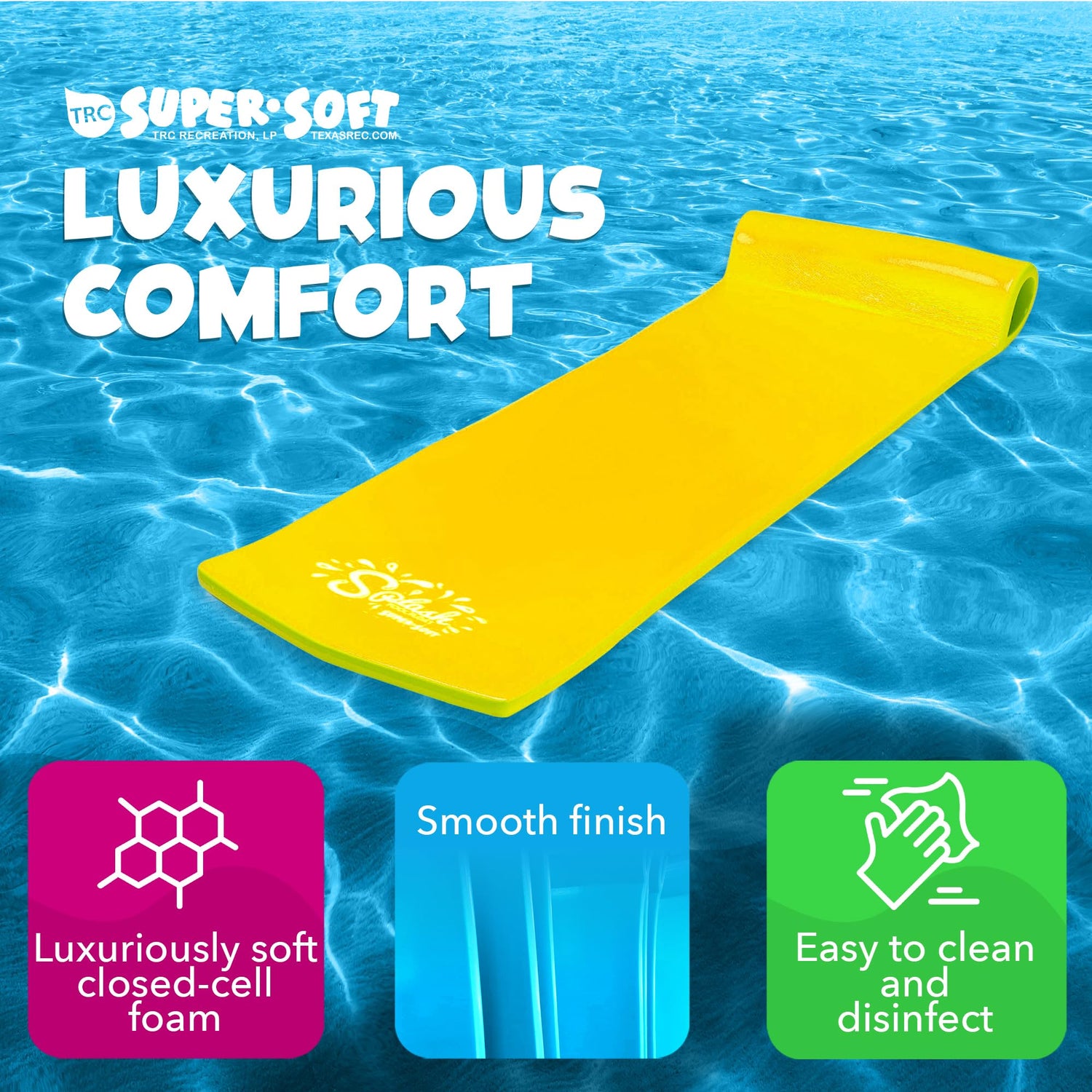 TRC Recreation Splash 1.25 Inch Thick Foam Outdoor Swimming Pool Float Mat Large Adult Lounger with Built-in Roll Pillow, Yellow