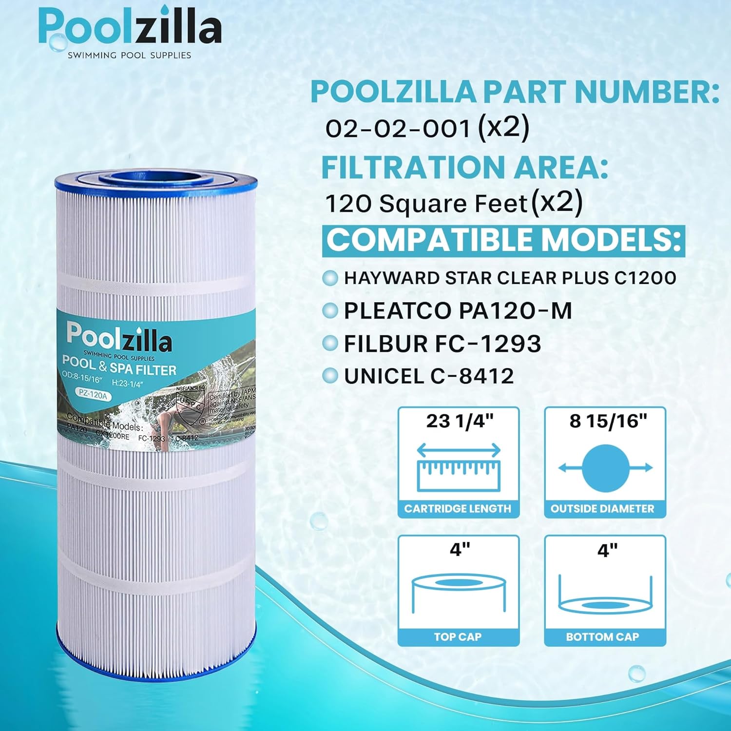 Poolzilla Replacement Pool Filter for PA120, CX1200RE, C1200, C-8412, FC-1293, Waterway Clearwater II, Pro Clean 125, 817-0125N, Aladdin 22002