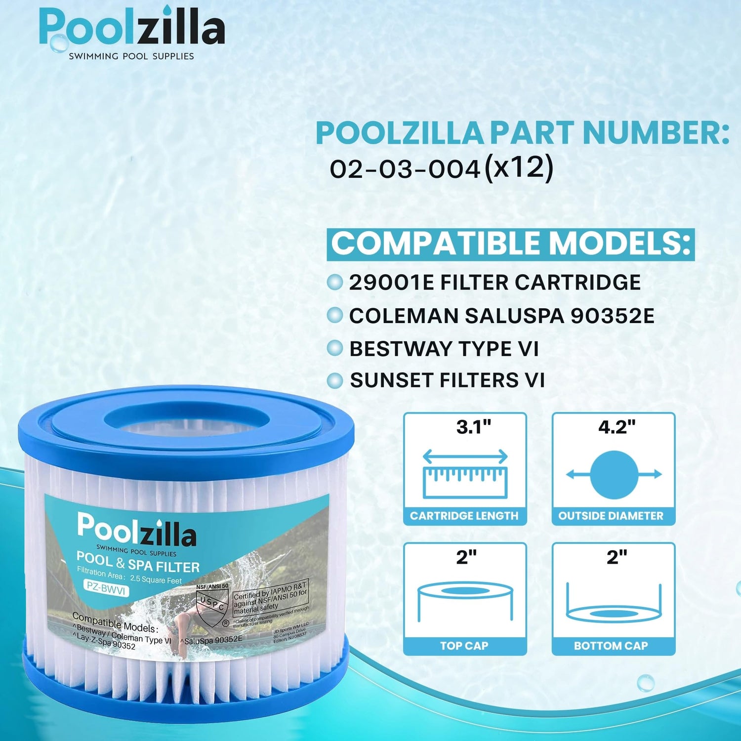 Poolzilla  Spa Filter Cartridge | Bestway Type VI, 29001E, Coleman SaluSpa 90352E, 58323E, 58323, 58324,SUNSET FILTERS VI, Volca Spares Size VI, Lay-Z Spa | 12-Pack