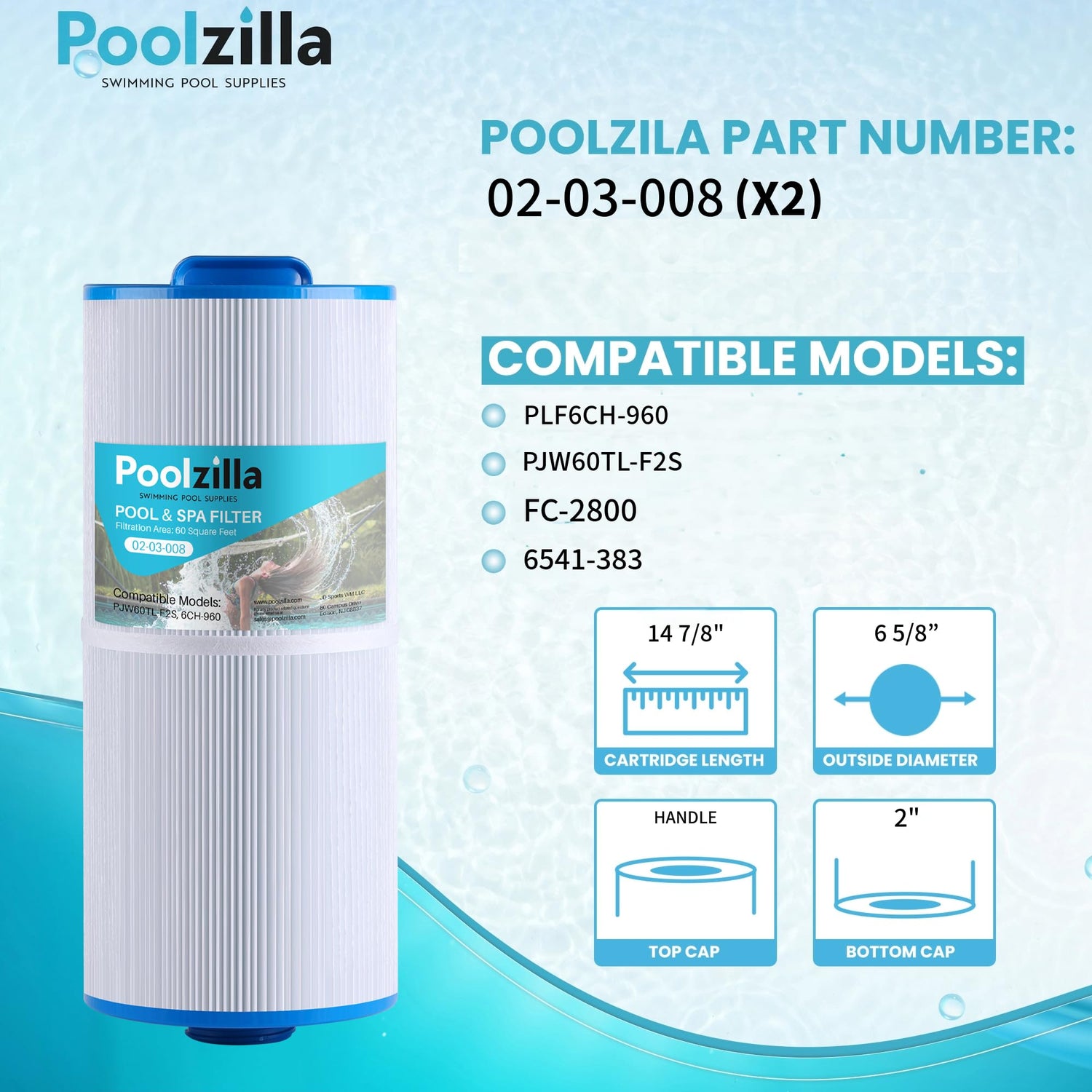 Poolzilla Replacement Spa Filter for PLF6CH-960, Unicel 6CH-960, PJW60TL-F2S, SD-00640, 6541-383, Filbur FC-2800, 6540-476, Jacuzzi Premium J-300, J400