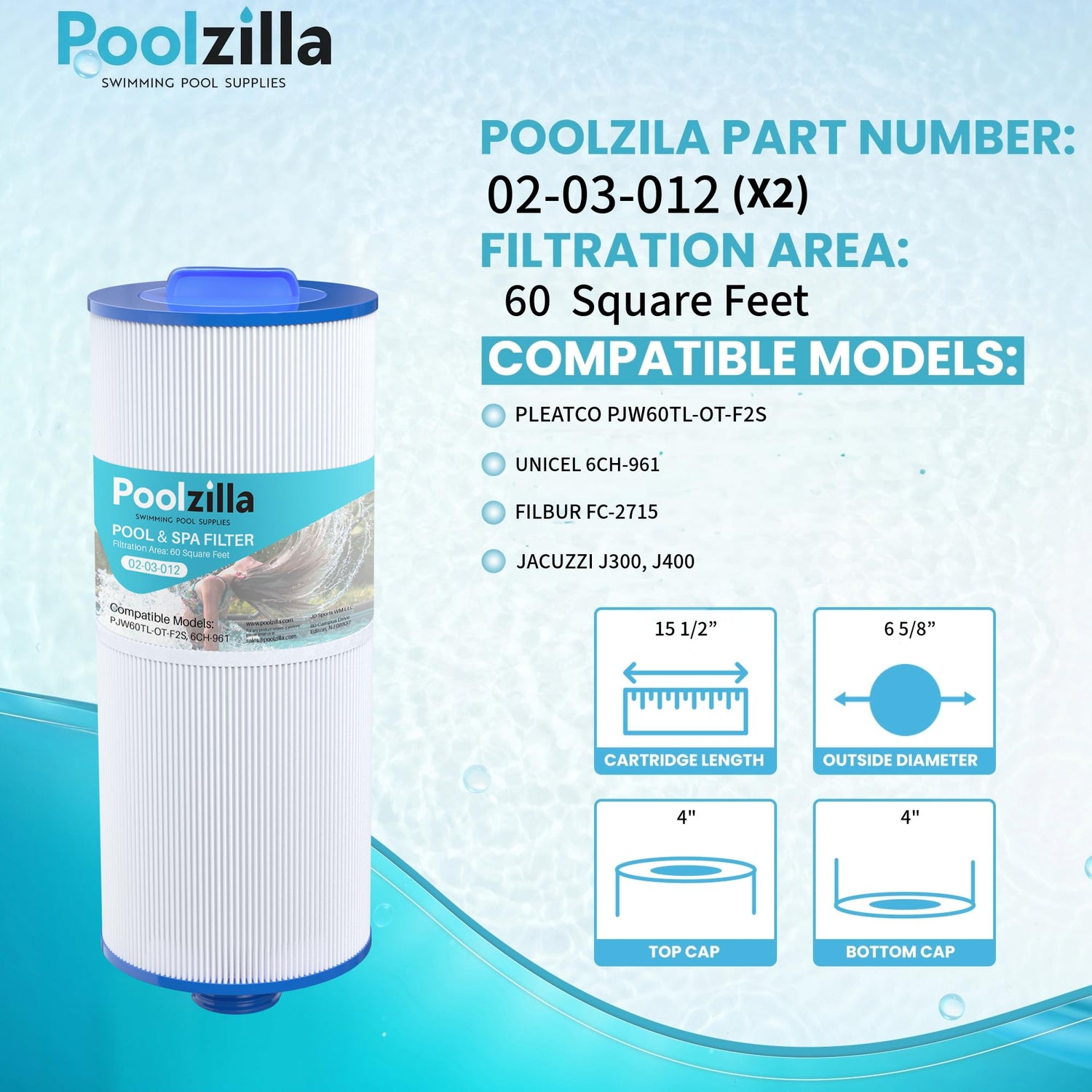 Poolzilla Replacement Spa Filter for PJW60TL-OT-F2S, Pleatco PJW60TL-OT-F2S, Unicel 6CH-961, Filbur FC-2715, J300, J400