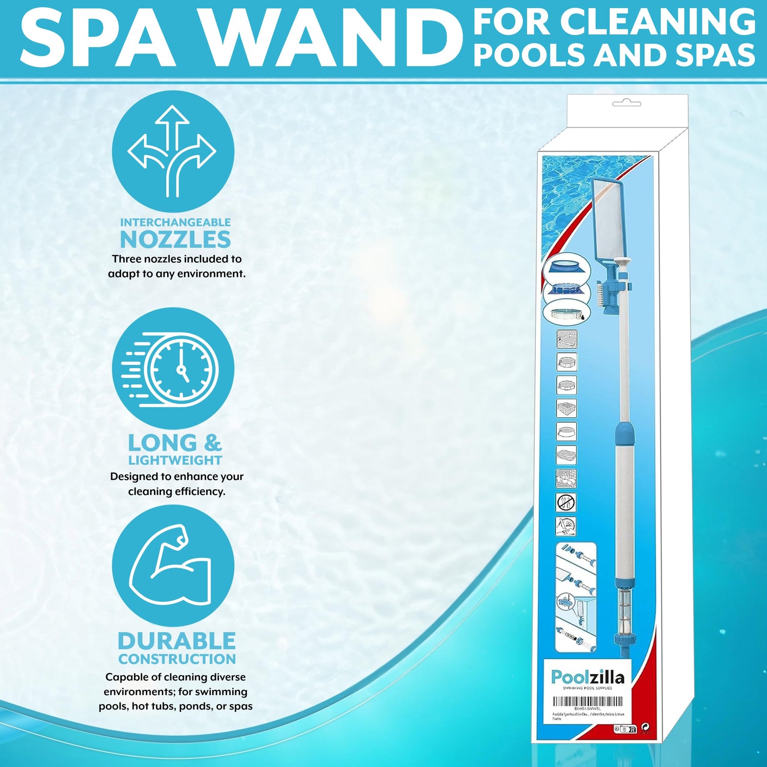 Poolzilla Spa Wand for Cleaning Pools and Spas, 3 Interchangeable Nozzles, Collect Dirt, Debris & More