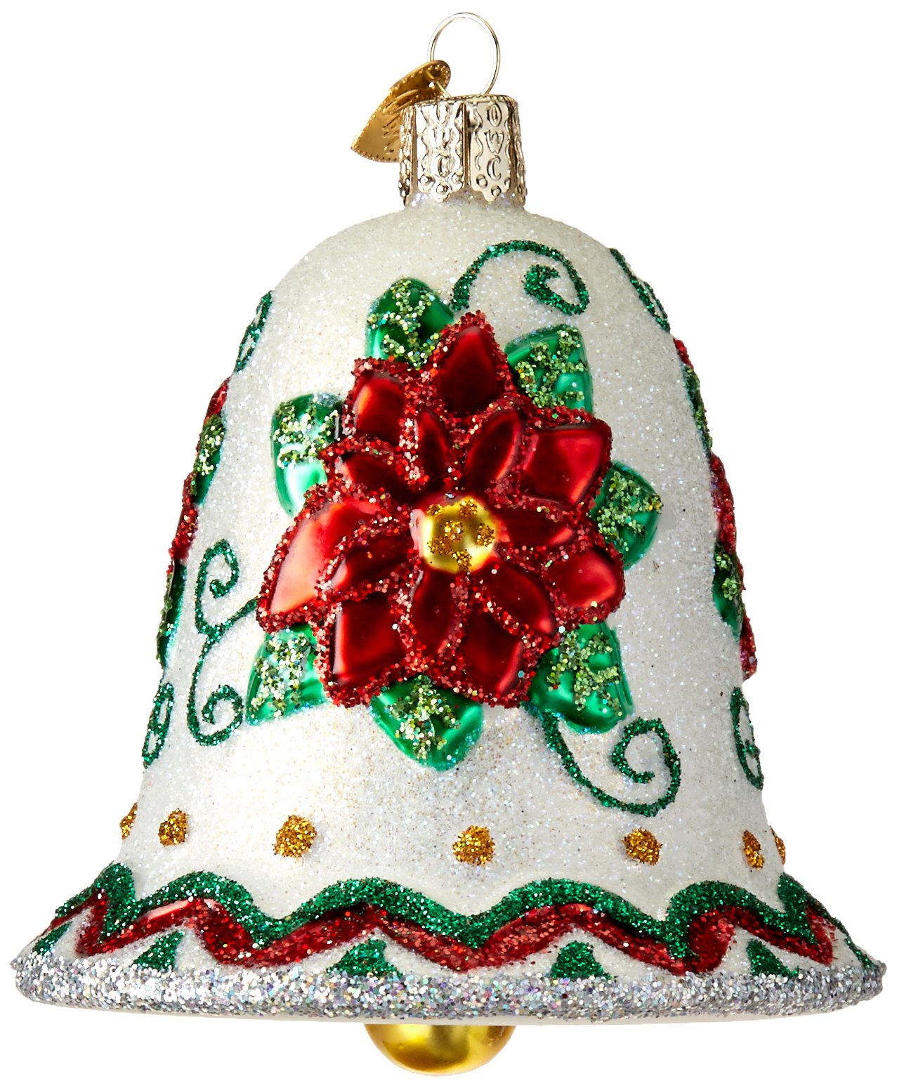 Old World Christmas Poinsettia Bell Glass Blown Ornament for Christmas Tree, Handcrafted Holiday Decoration, Bell Collection