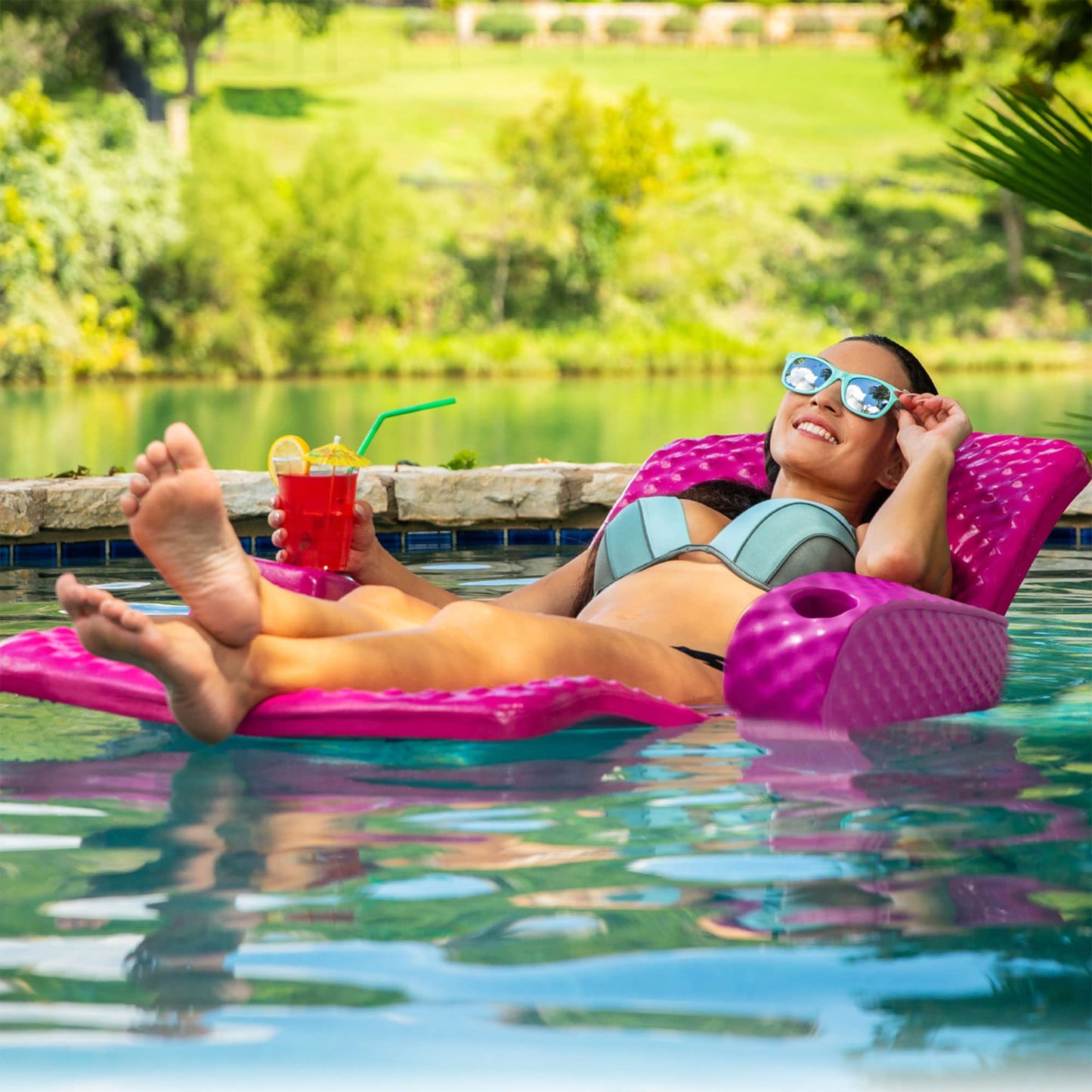 TRC Recreation Super Soft Adjustable Pool Recliner Float Portable Comfortable Chair Lounger with Cup Holders for Swimming Pool Essentials, Teal