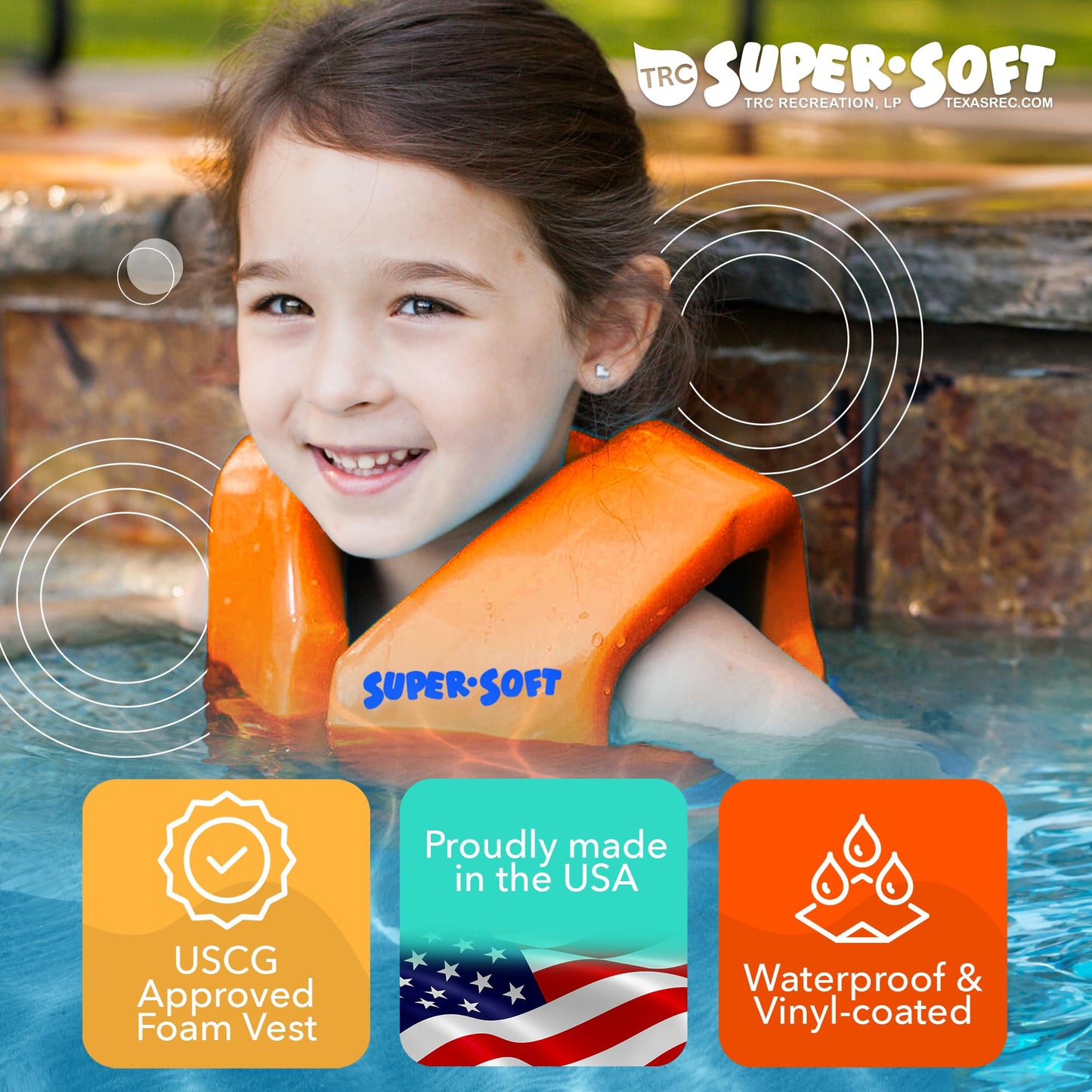 TRC Recreation Super Soft Child Size XS Life Jacket USCG Approved Vinyl Coated Foam Swim Vest for Kids Swimming Pool and Beach Gear, Sunset Orange