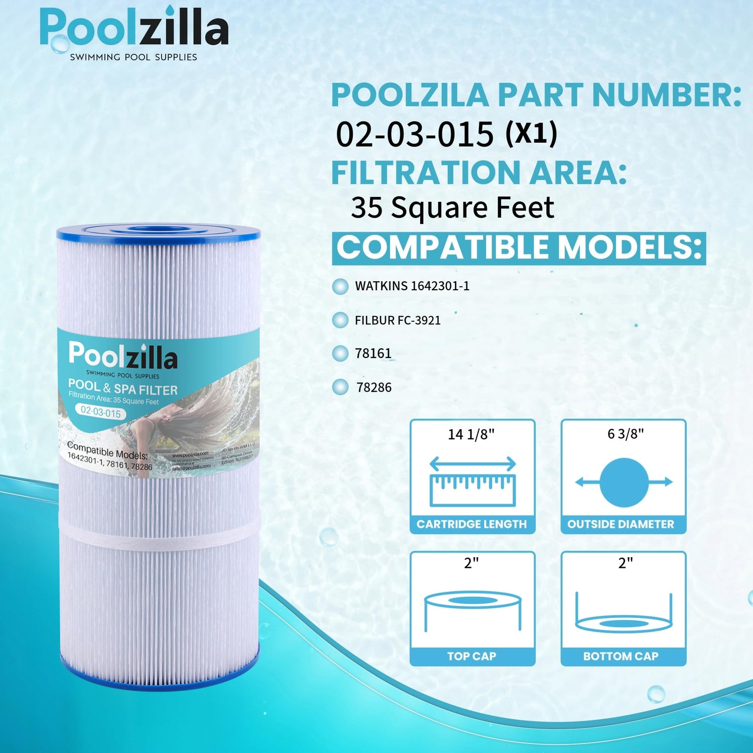 Poolzilla Replacement Spa Filter for PWK35B, Watkins 1642301-1, Filbur FC-3921, 78161, 78286