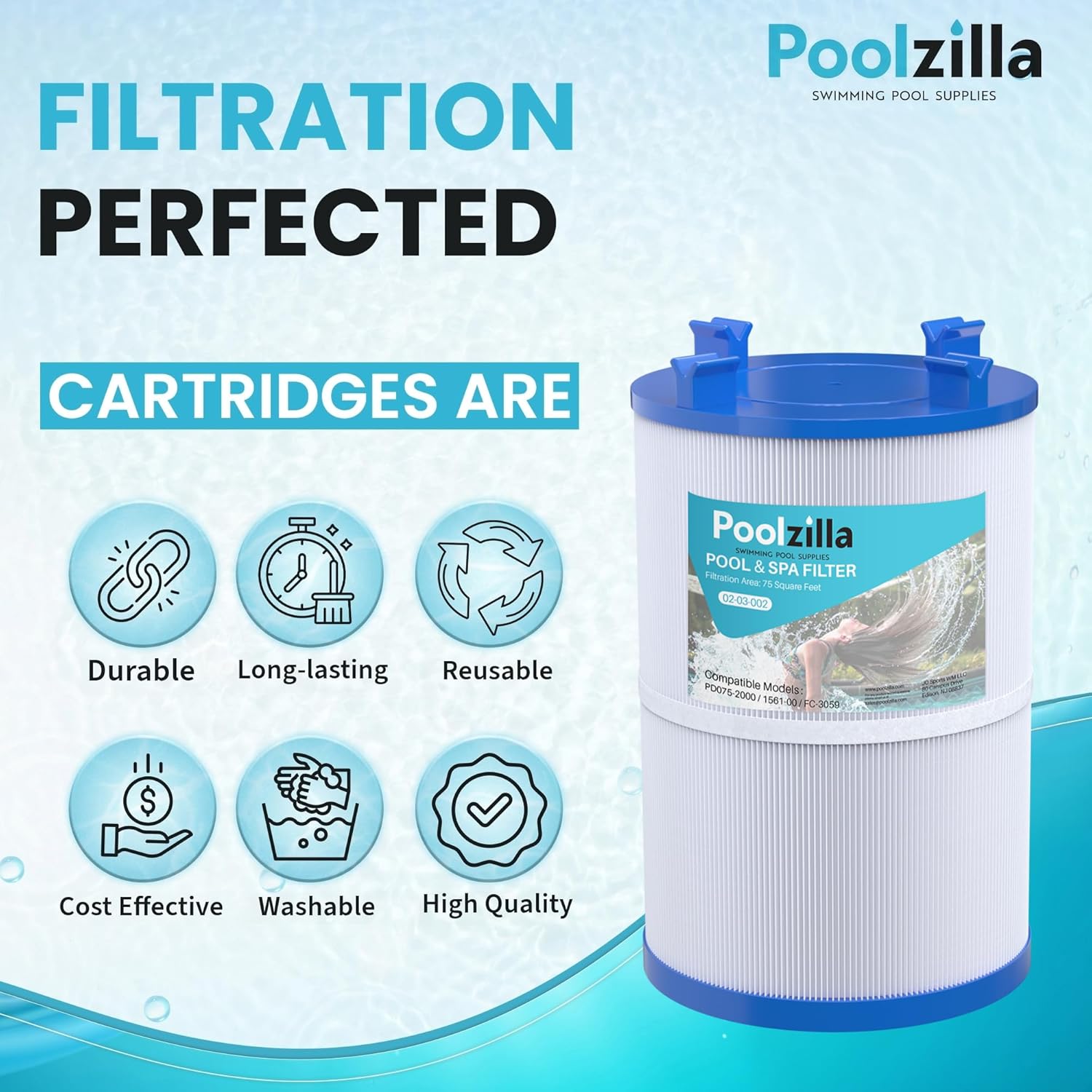Poolzilla Spa Filter Cartridge for C-7367, Pleatco PD075-2000, Dimension One 1561-00, Filbur FC-3059, Excel Filters XLS-7005, Aladdin 17541