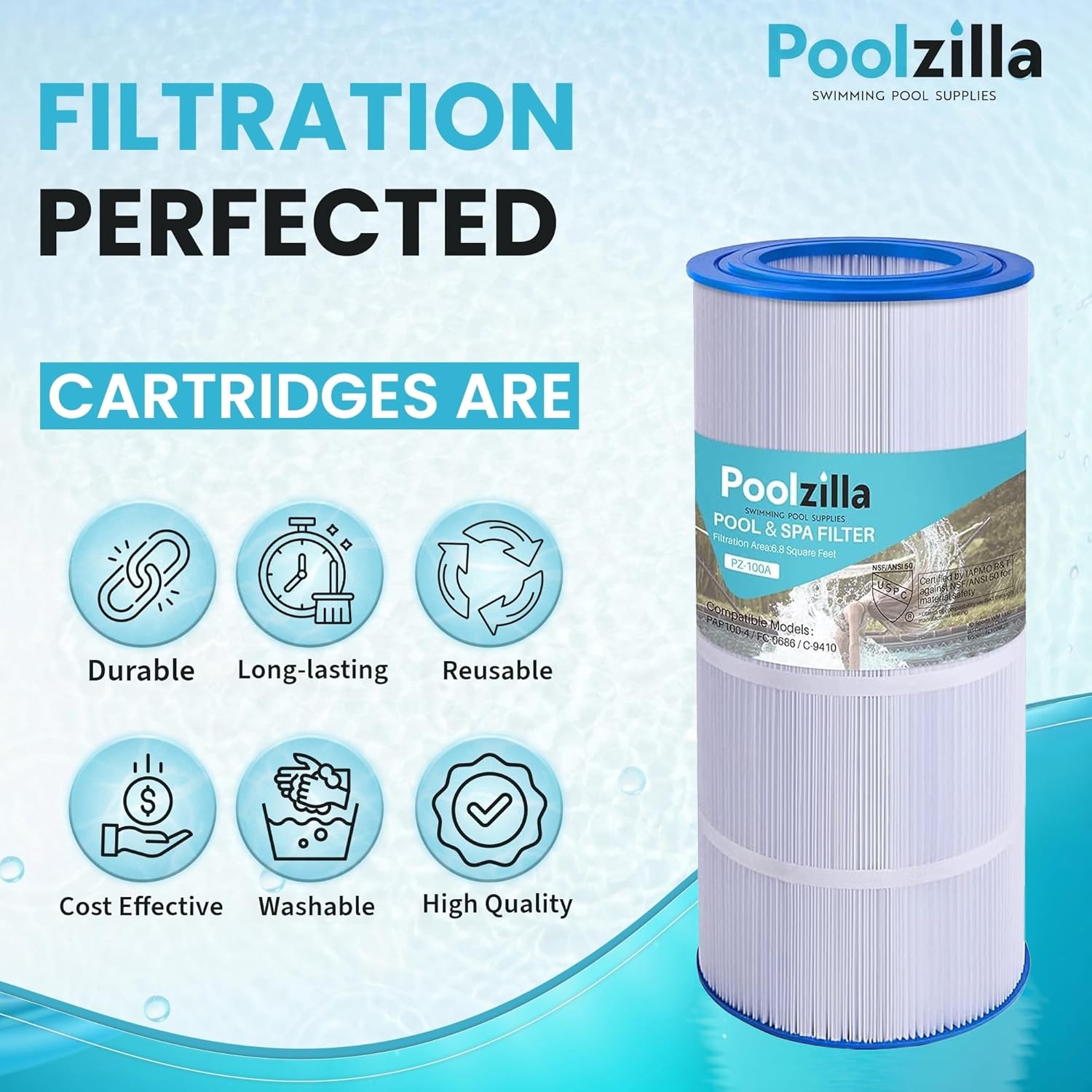 Poolzilla Replacement Pool Filter for Pentair CC100, CCRP100, PAP100, PAP100-4, Unicel C-9410, R173215, Filbur FC-0686, 59054200, 160316, 160354, SP100 Predator 100