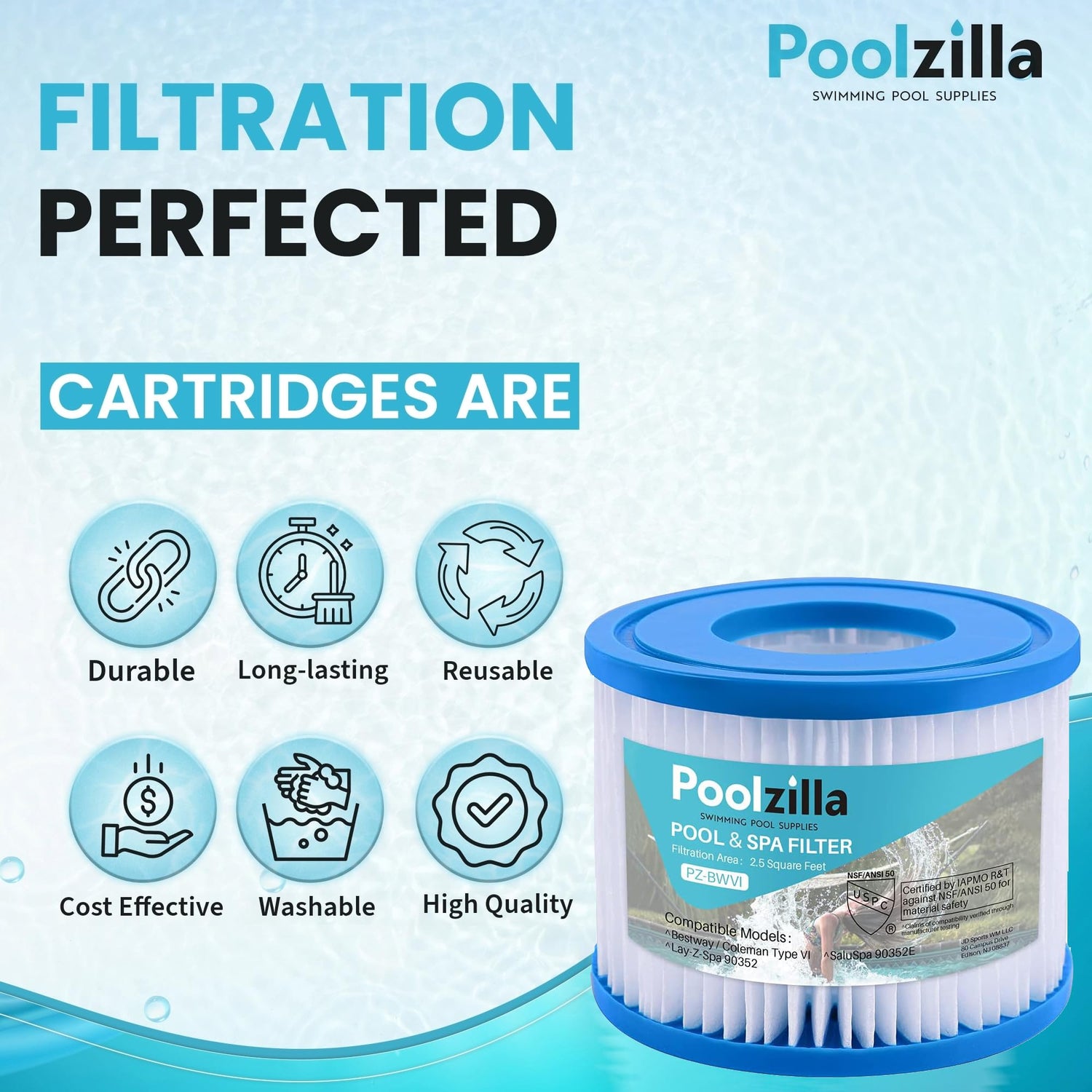 Poolzilla  Spa Filter Cartridge | Bestway Type VI, 29001E, Coleman SaluSpa 90352E, 58323E, 58323, 58324,SUNSET FILTERS VI, Volca Spares Size VI, Lay-Z Spa | 12-Pack