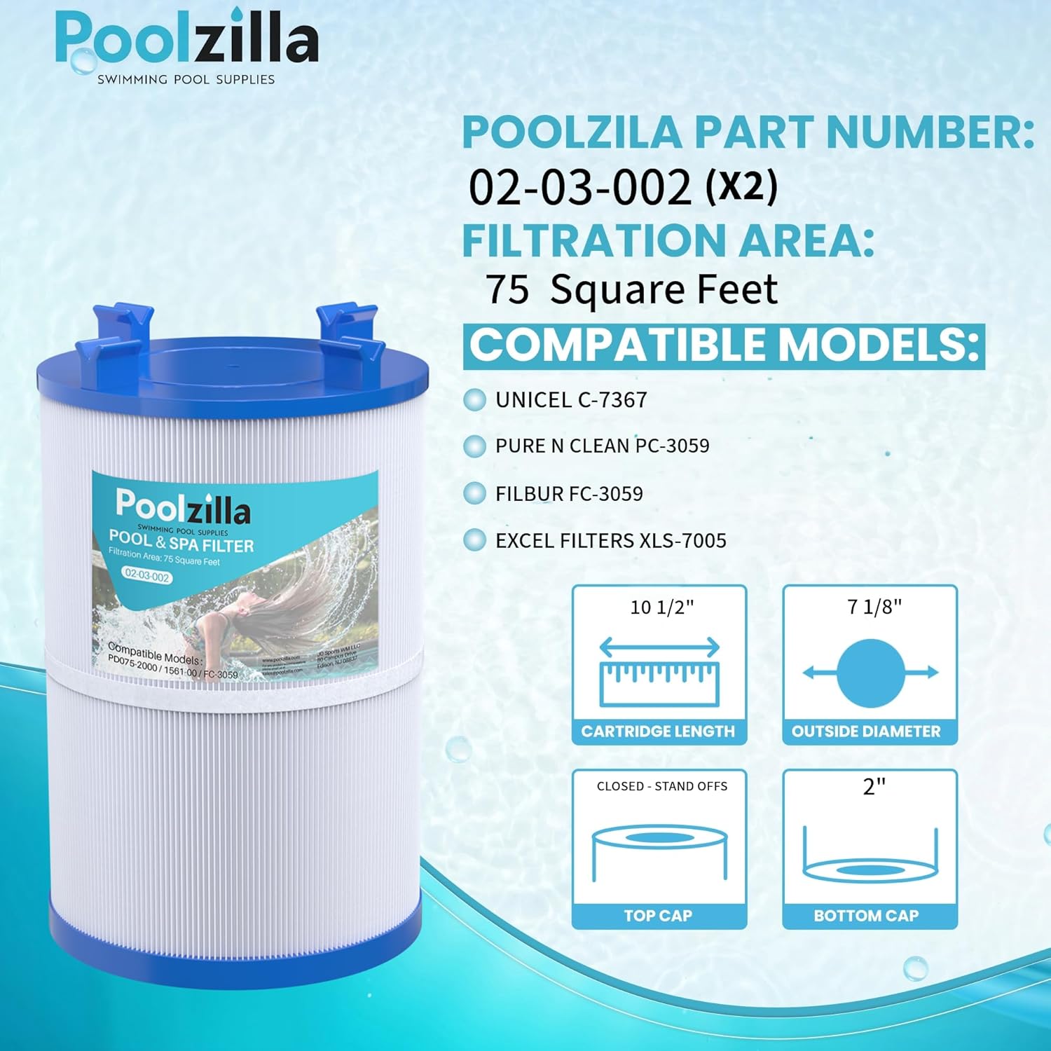 Poolzilla Spa Filter Cartridge for C-7367, Pleatco PD075-2000, Dimension One 1561-00, Filbur FC-3059, Excel Filters XLS-7005, Aladdin 17541