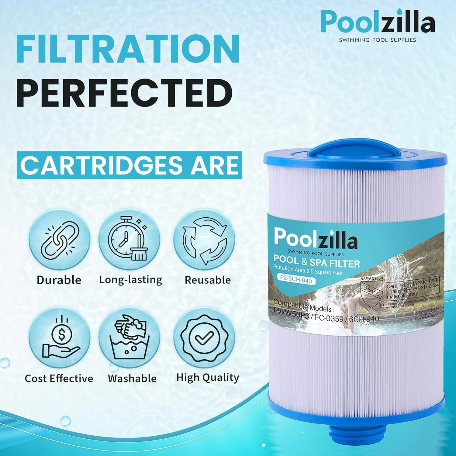 Poolzilla Spa Filter Cartridge for PWW50P3(1 1/2