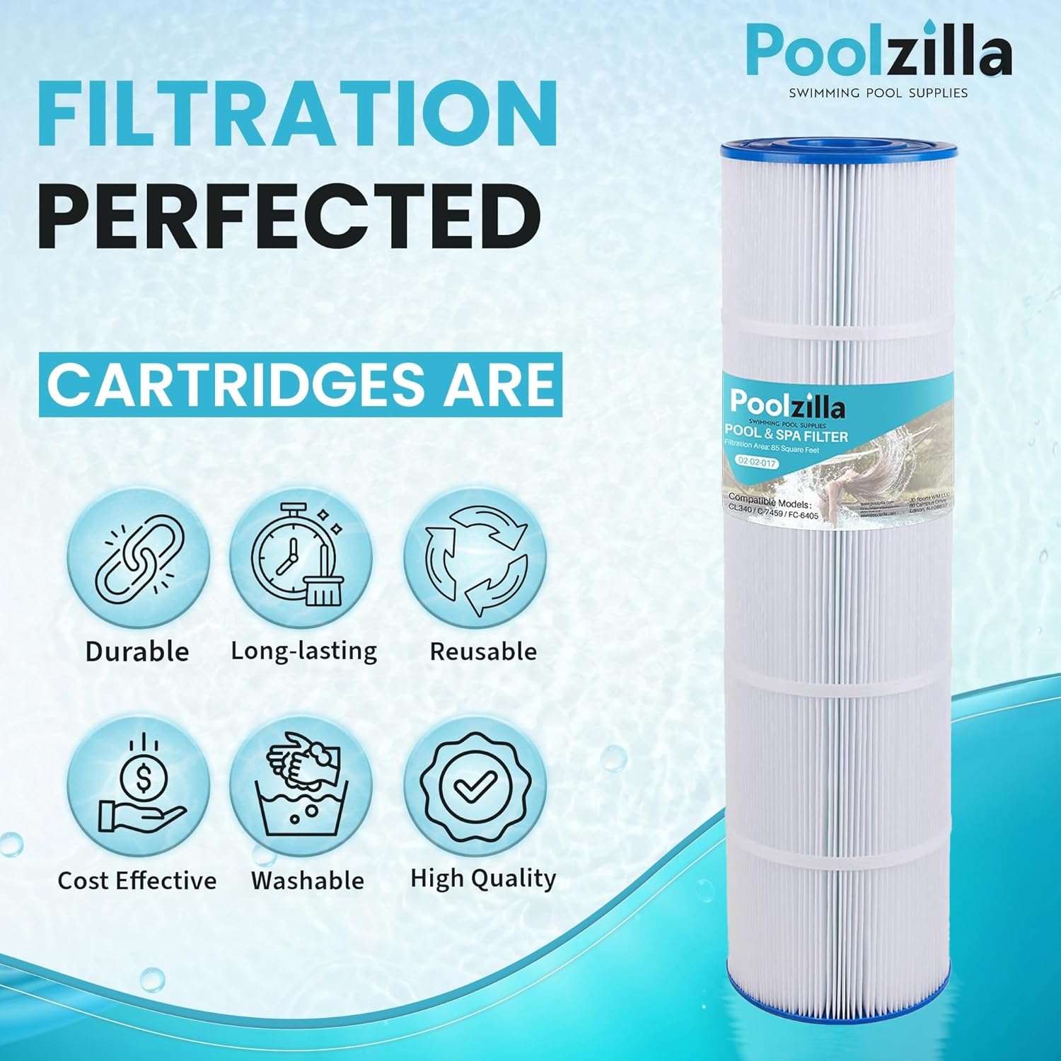 Poolzilla Replacement Pool Filter Cartridge, Compatible with Unicel C-7459, Jandy CL 340, PJAN85, Filbur FC-6405, FC-0800, A0557900, R0554500, Aladdin 18504, APCC7352