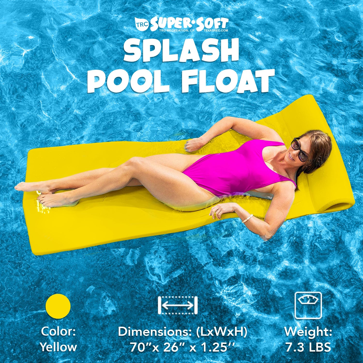 TRC Recreation Splash 1.25 Inch Thick Foam Outdoor Swimming Pool Float Mat Large Adult Lounger with Built-in Roll Pillow, Yellow