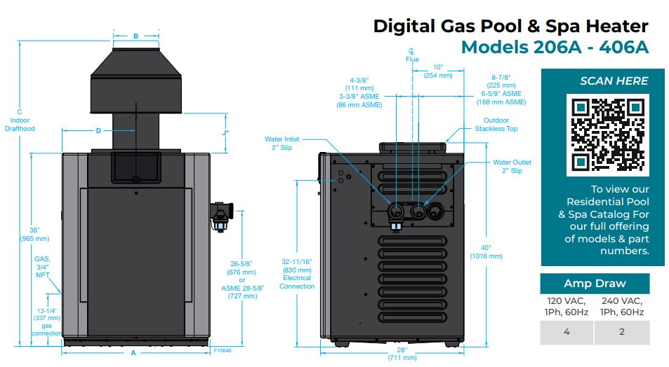 Raypak P-R206A-EP-C #57 Digital Propane Gas Heater, Electronic Ignition, Polymer Headers, Copper Exchanger, 200 lbs | RAY009224 | 206,000 BTU