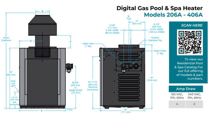 Raypak P-R206A-EP-C #57 Digital Propane Gas Heater, Electronic Ignition, Polymer Headers, Copper Exchanger, 200 lbs | RAY009224 | 206,000 BTU