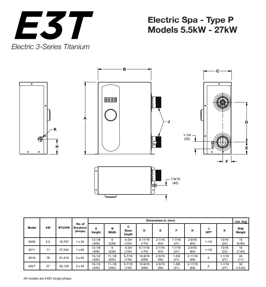 Raypak E3T Electric Heater 15 Kw 240V | 017123 | 60,000 BTU