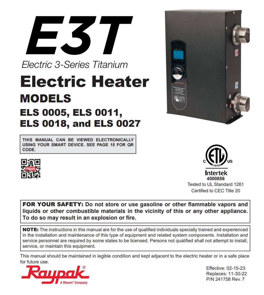 Raypak E3T Electric Heater 15 Kw 240V | 017123 | 60,000 BTU