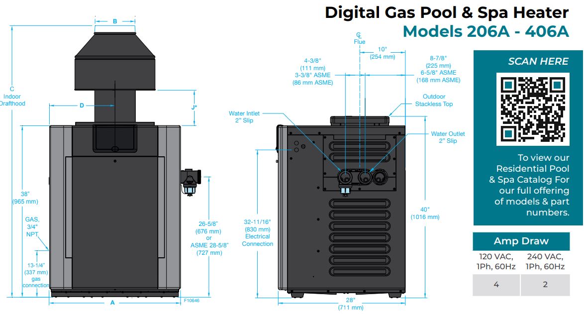 Raypak Digital, Natural Gas, Pool Heater for 2,000-6,000 ft. Elevation - P-R406A-EN-C #51 009223 | 399,900 BTU