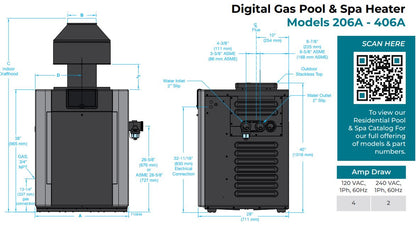 Raypak Digital, Natural Gas, Pool Heater for 2,000-6,000 ft. Elevation - P-R406A-EN-C #51 009223 | 399,900 BTU