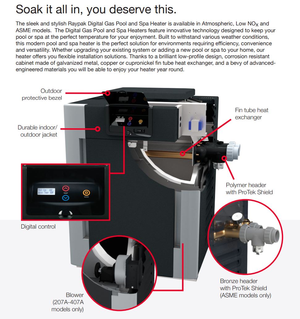 Raypak Digital, Natural Gas, Pool Heater for 2,000-6,000 ft. Elevation - P-R406A-EN-C #51 009223 | 399,900 BTU