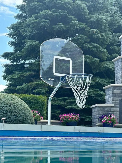 Global Pool Products Heavy Duty Basketball Hoop Set - for Inground Swimming Pool - 12" Offset with Net & Ball - No Anchor