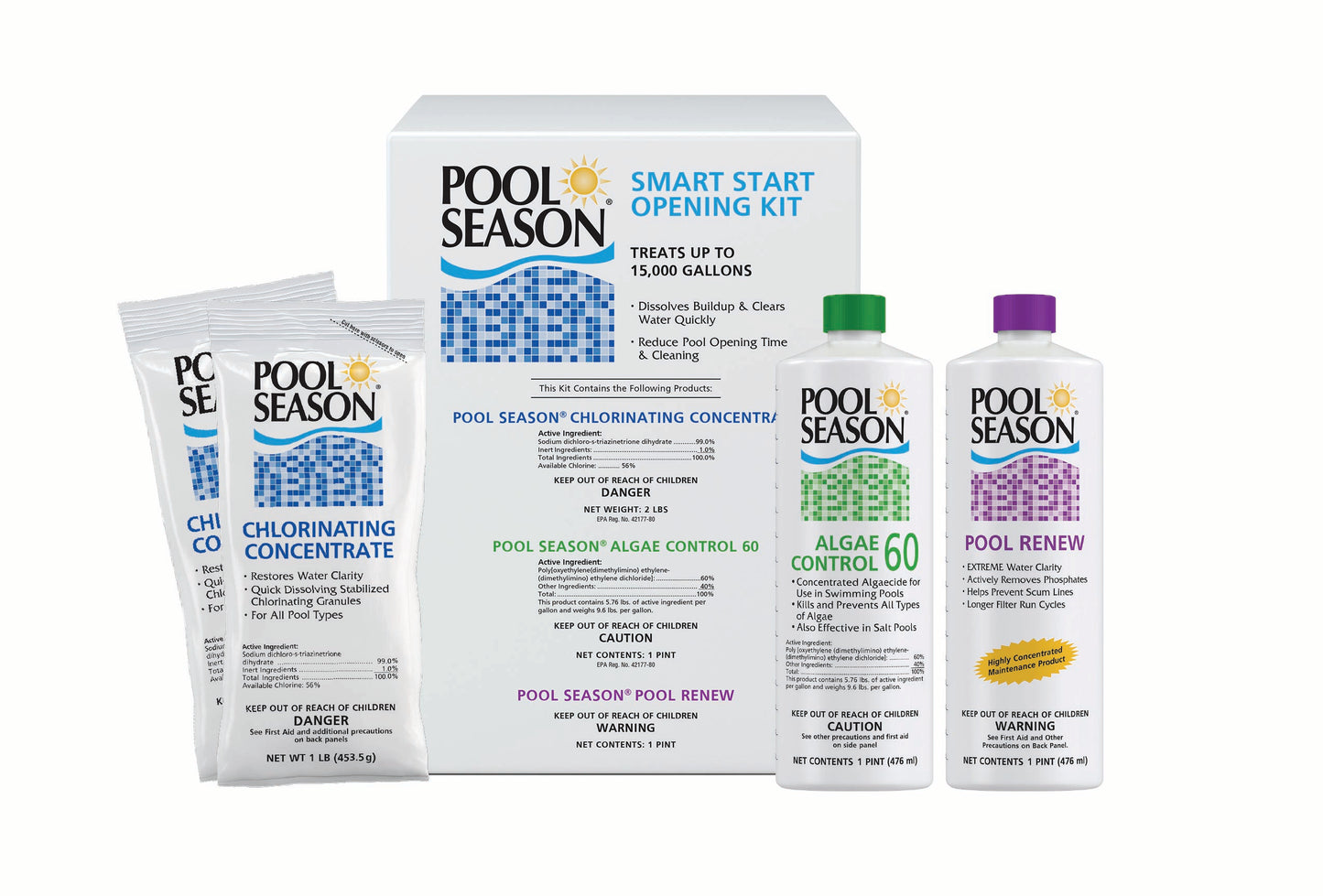 Pool Season 15k Gallon Smart Start Opening Kit (2# Di-Chor, 1 pint Algaecide 60, 1pt Spring Renew)