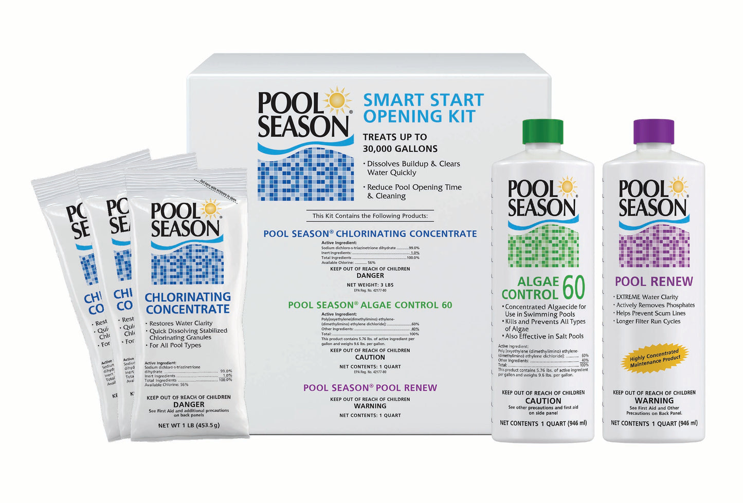 Pool Season 30k Gallon Smart Start Opening Kit (3# Di-Chor, 1 Qt Algaecide 60, 1QT Spring Renew)