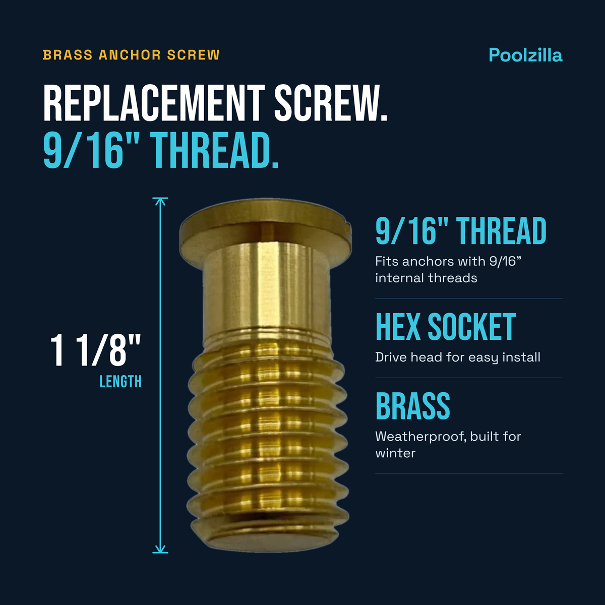 Poolzilla 1 1/8'' Threaded Brass Screw for Pool Cover Anchors - 9/16'' Threads