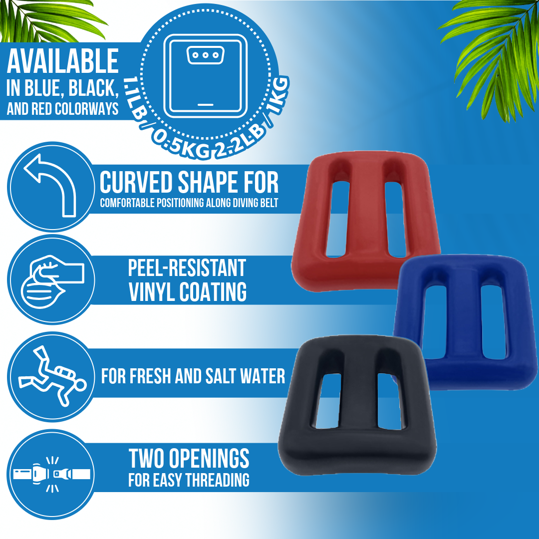 Poolzilla Diving Weight 1.1L B(1/2 Kg) for Scuba Diving, Lead Belt Weight (Red, Blue, or Black)