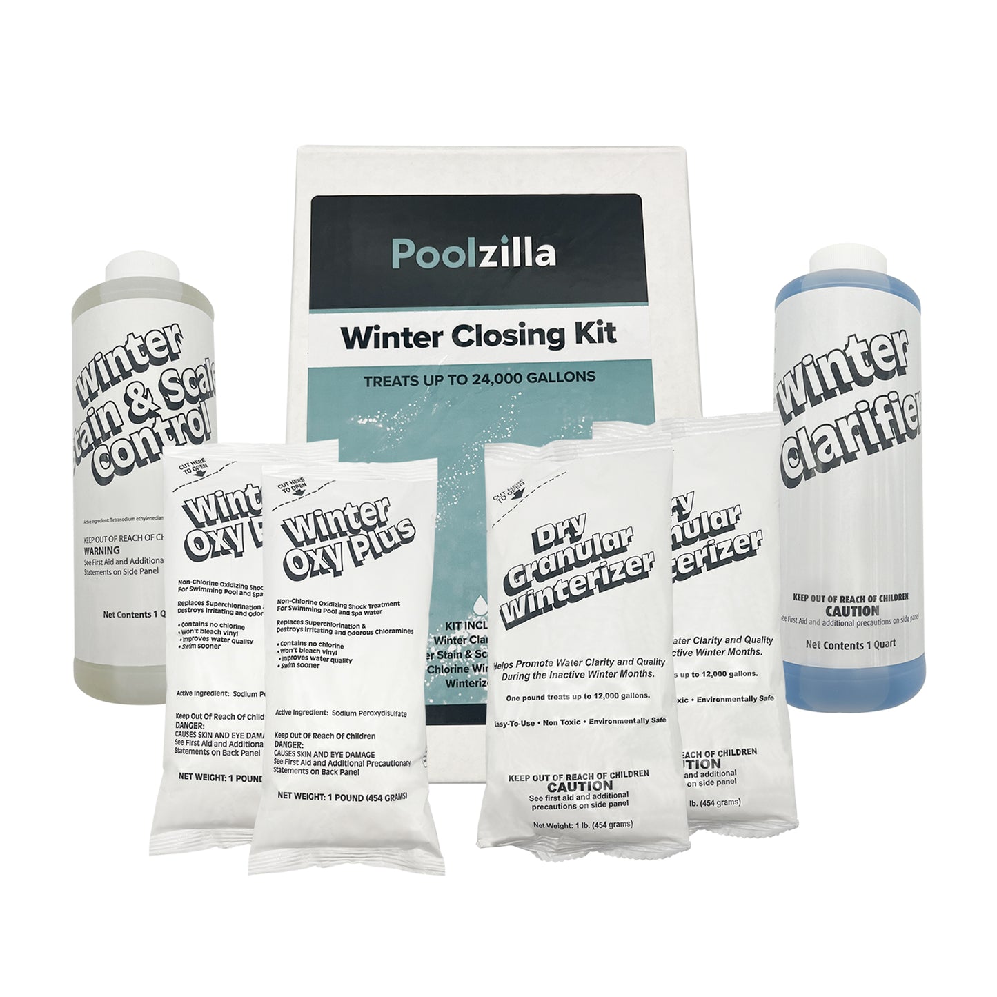 Poolzilla 24,000 Gallon Winterizing Kit, Includes 1 Qt. Winter Clarifier, 1 Qt. Winter Stain & Scale Control, 2 Lbs Winter Oxy Shock, 2 Lbs Winterizer