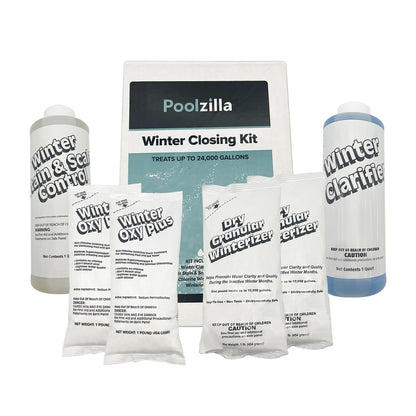 Poolzilla 24,000 Gallon Winterizing Kit, Includes 1 Qt. Winter Clarifier, 1 Qt. Winter Stain & Scale Control, 2 Lbs Winter Oxy Shock, 2 Lbs Winterizer
