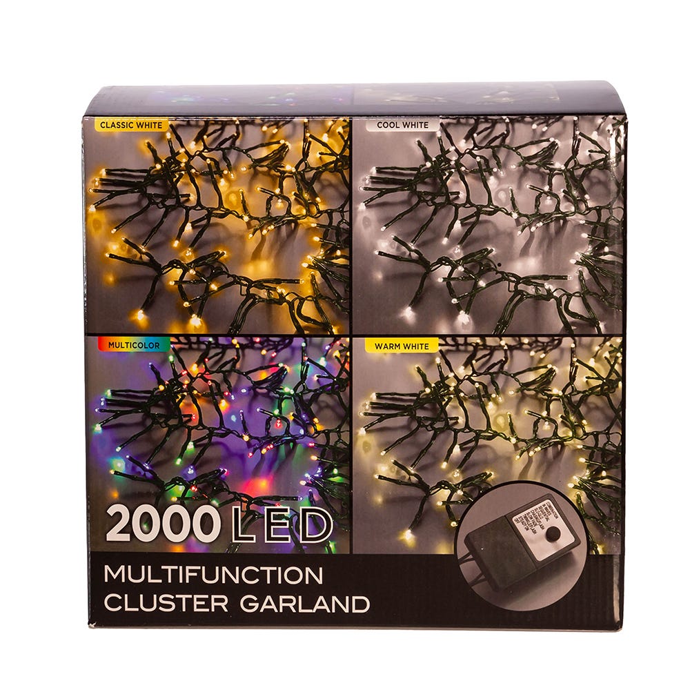 Kurt S. Adler 65' 2,000L Classic White 3MM LED Multifunction Cluster Garland With Green Wire