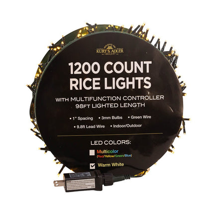 Kurt S. Adler 98' 1,200L Warm White 3MM LED Multifunction Rice Lights With Green Wire On Spool