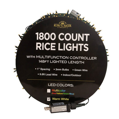 Kurt S. Adler 148' 1,800L Warm White LED Multifunction Rice Lights With Green Wire On Spool