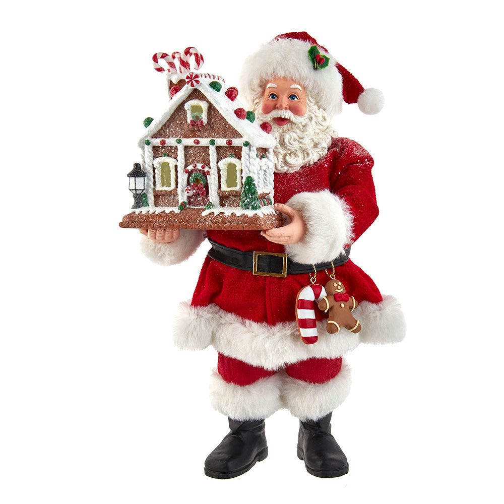 Kurt S. Adler 12“ Fabriché™ Battery-Operated Santa With Light-Up Gingerbread House