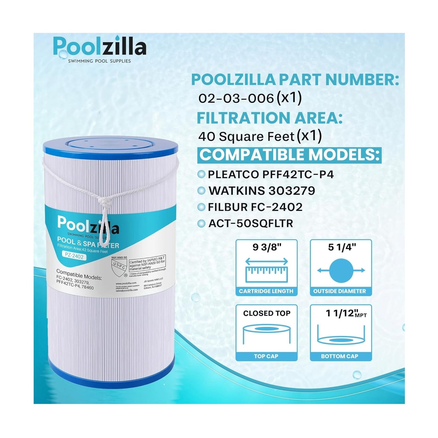 Spa Filter Cartridge for 78460 - Replaces SD-01322, ACT-50SQFLTR