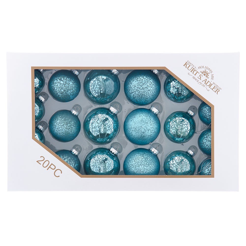 Kurt S. Adler 60MM-80MM Glass Shiny and Matte Teal Mercury Ball Ornaments, 20 Piece Box