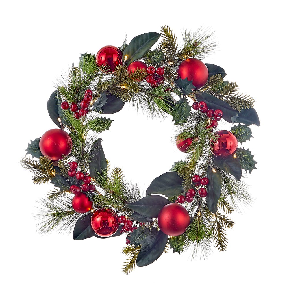 Kurt S. Adler 22“ Battery-Operated Pre-Lit Warm White LED Red Berries and Ball Ornaments Wreath